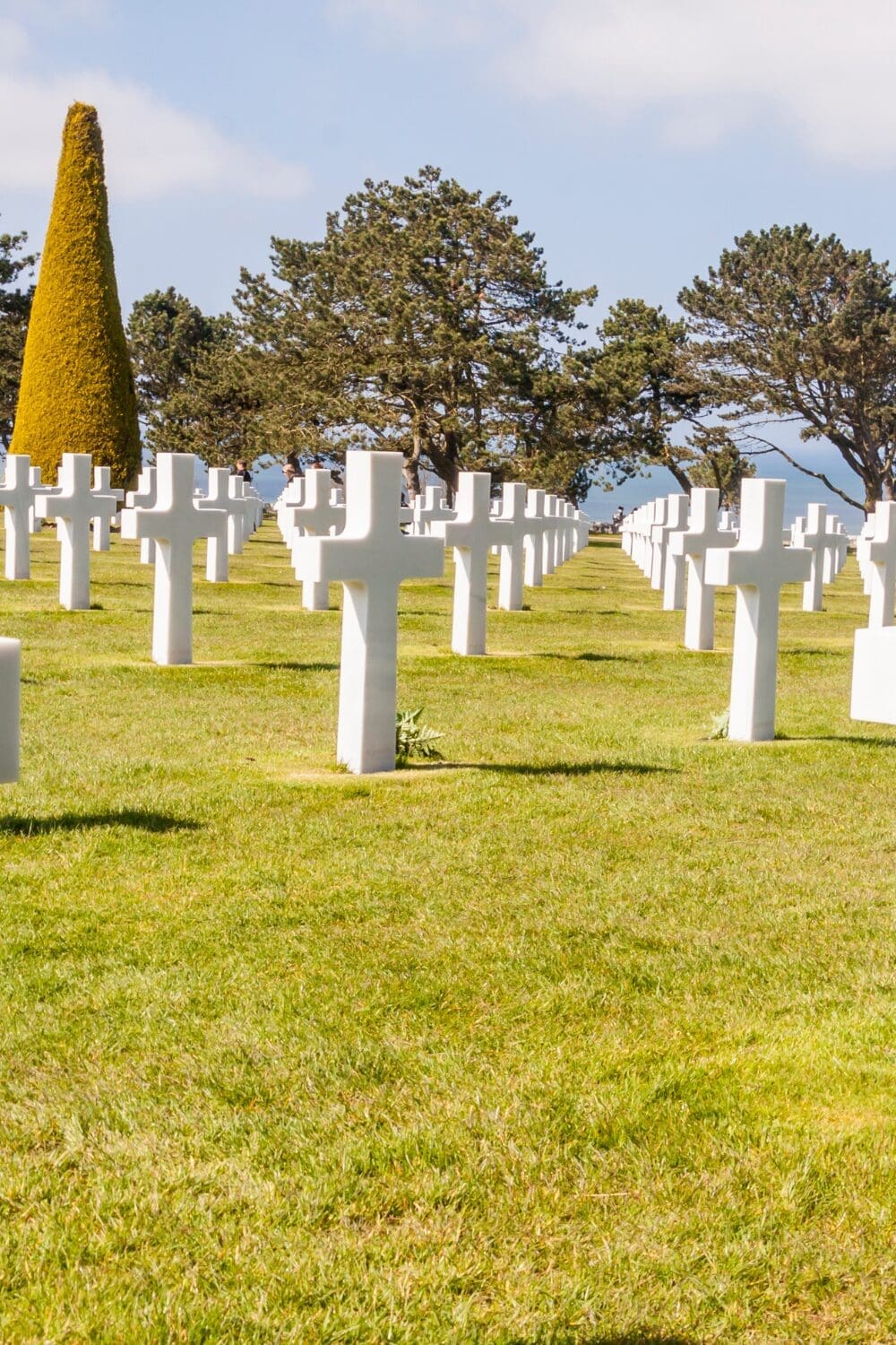 Normandy American Cemetery with rows of white crosses stretching to tree-lined horizon, D-Day memorial France
