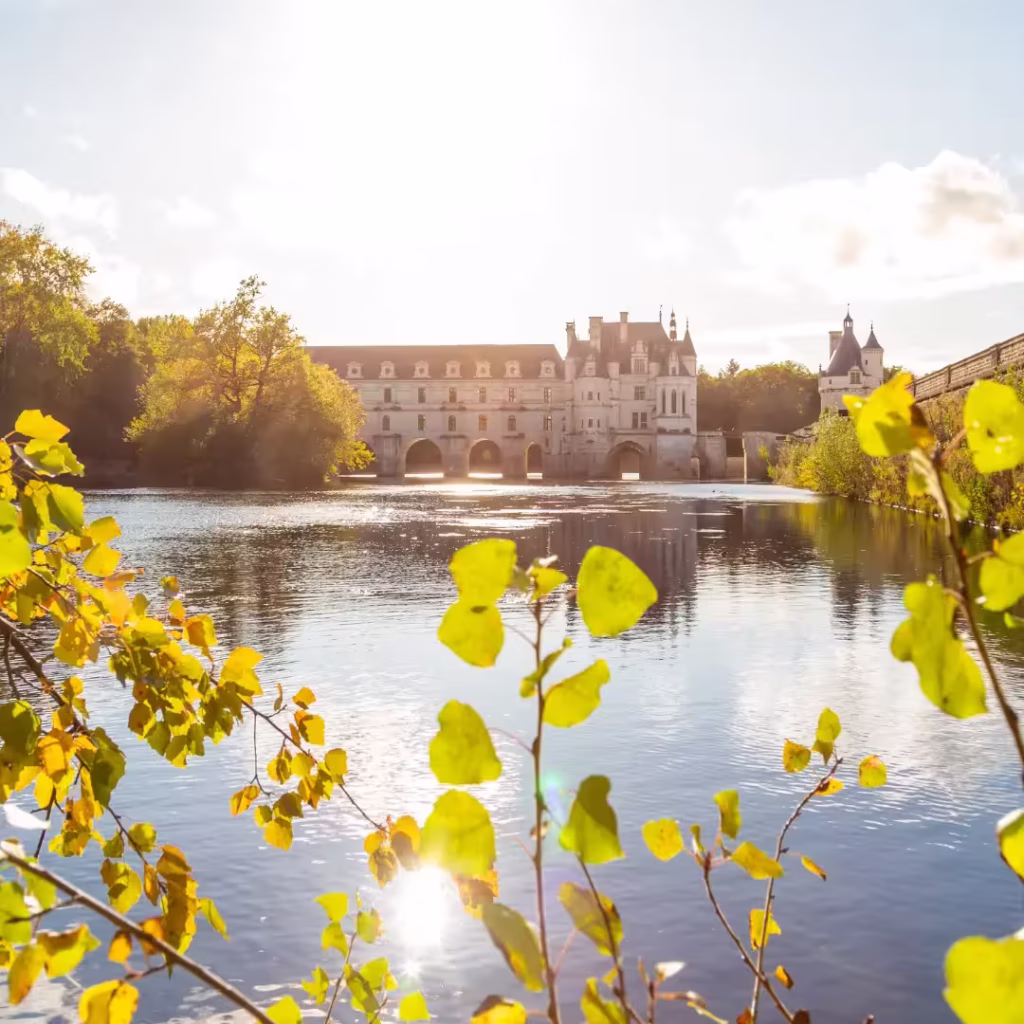 Chateau de Chenonceau spanning the River Cher bathed in golden sunlight, framed by green leaves, Loire Valley France