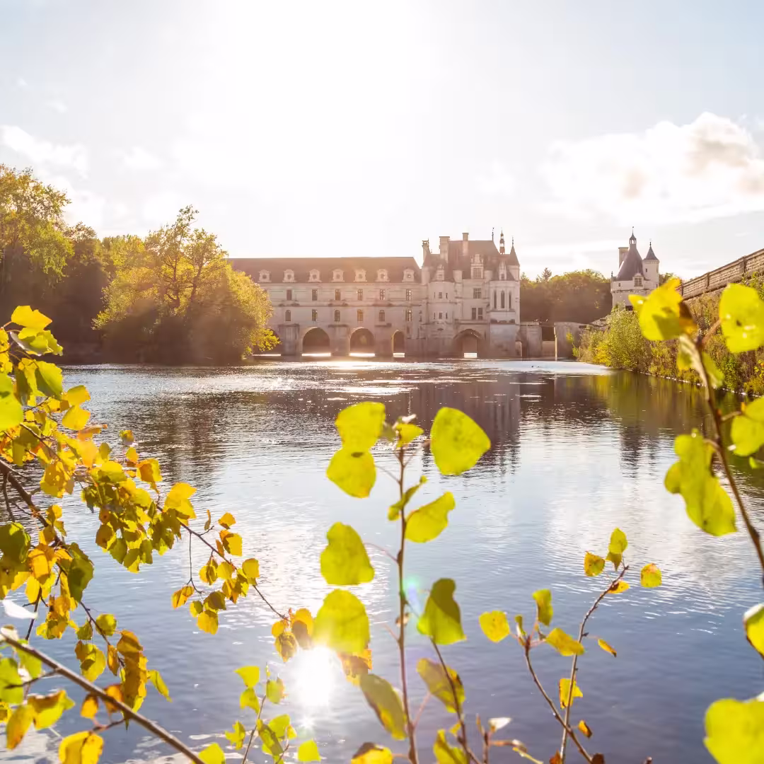 Chateau de Chenonceau spanning the River Cher bathed in golden sunlight, framed by green leaves, Loire Valley France