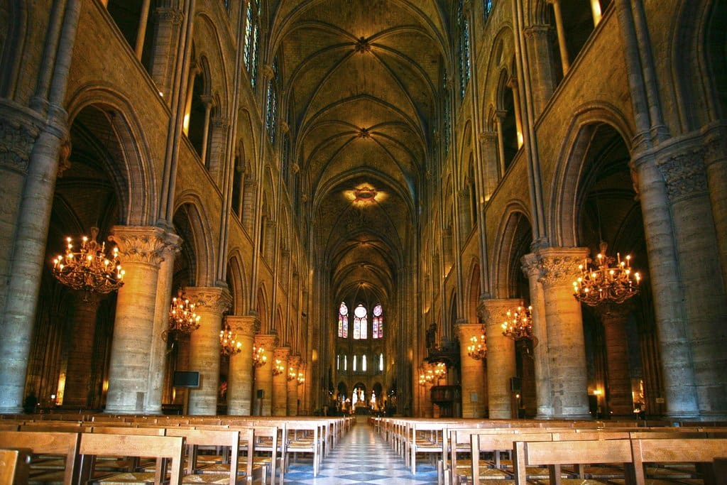 Notre Dame Cathedral interior Paris with vaulted ceilings chandeliers and stained glass windows private tour