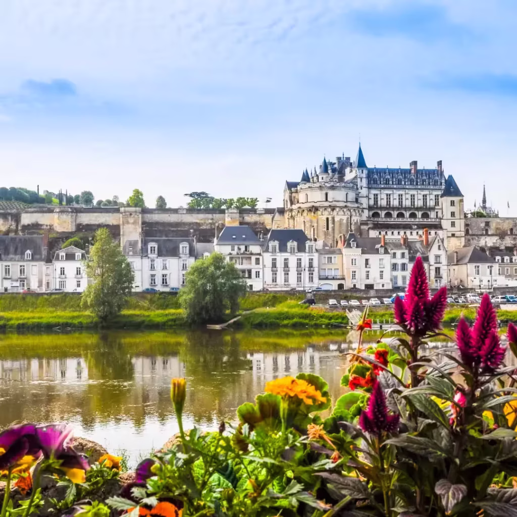 Amboise chateau rising above the Loire River town with colorful flowers in the foreground, Loire Valley France