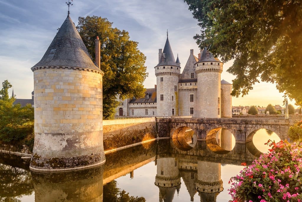 Chateau de Sully-sur-Loire reflected in the moat at golden hour with pink flowers in the foreground, Loire Valley France