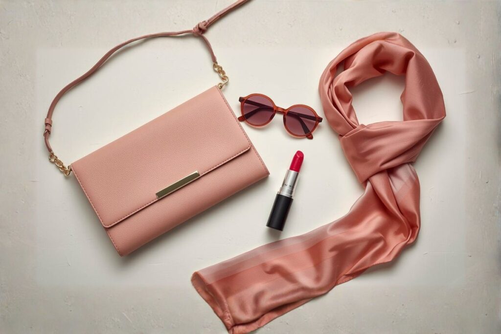 Pink leather crossbody bag, coral silk scarf, sunglasses, and red lipstick flat lay for a Paris packing list in May