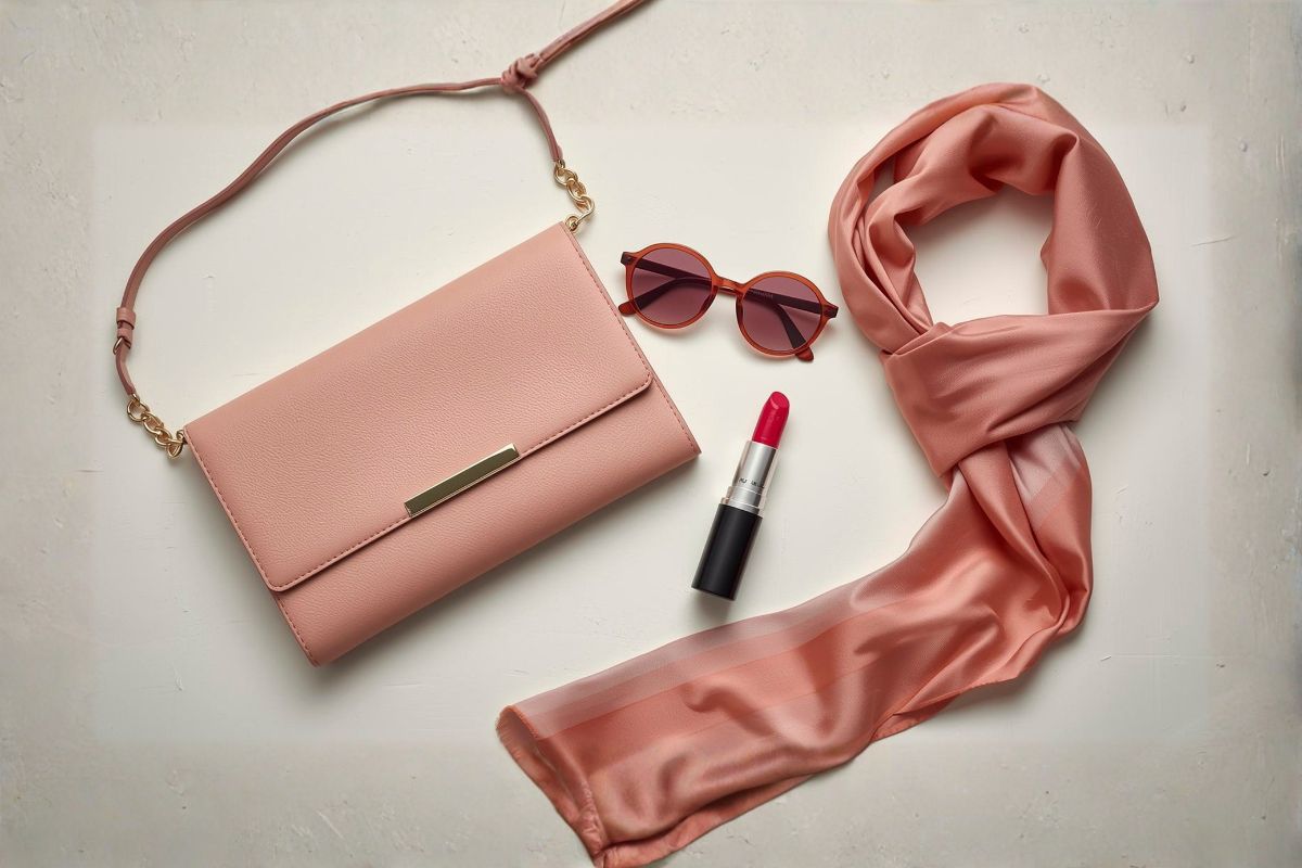 Pink leather crossbody bag, coral silk scarf, sunglasses, and red lipstick flat lay for a Paris packing list in May