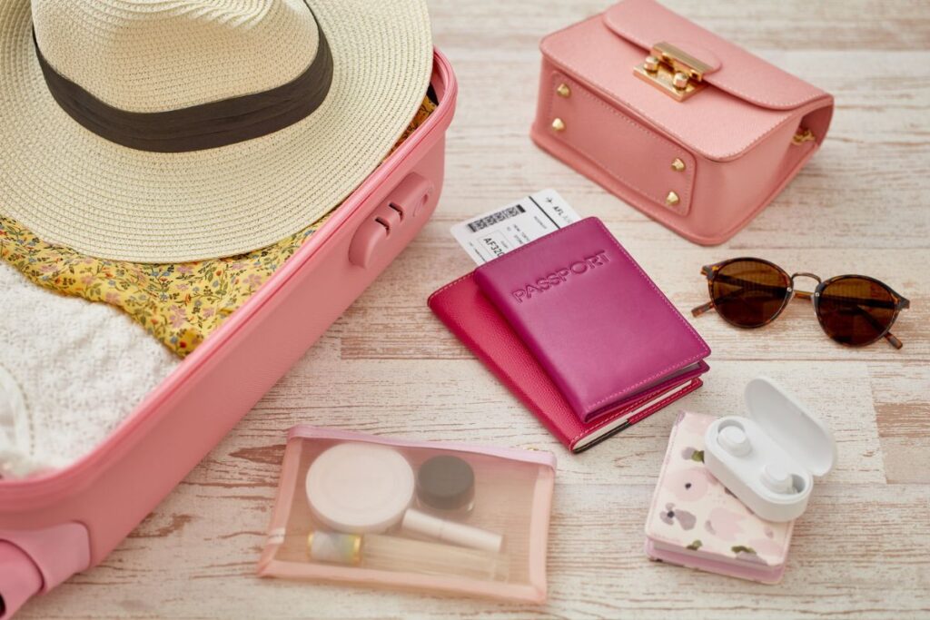Passport, boarding pass, sunglasses, and packing cubes flat lay for France travel documents checklist